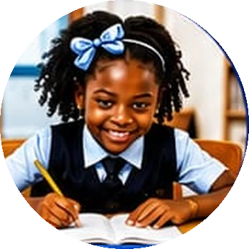 Pupil writing happily at her desk