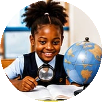Pupil exploring with a magnifying glass and globe