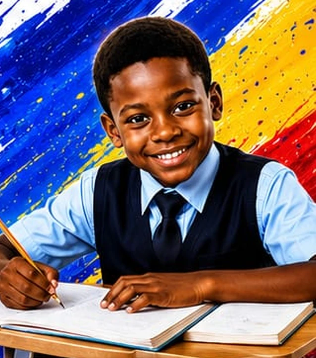 A happy pupil writing at his desk